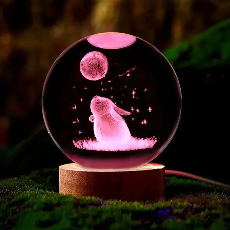 1pc 3D carved rabbit Moon crystal ball, wooden base, birthday, Valentine's Day, Mother's Day, home and office decoration