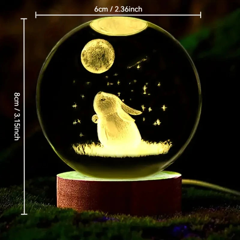 1pc 3D carved rabbit Moon crystal ball, wooden base, birthday, Valentine's Day, Mother's Day, home and office decoration