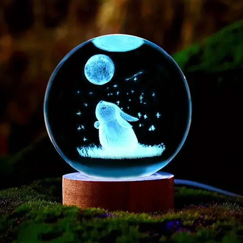 1pc 3D carved rabbit Moon crystal ball, wooden base, birthday, Valentine's Day, Mother's Day, home and office decoration