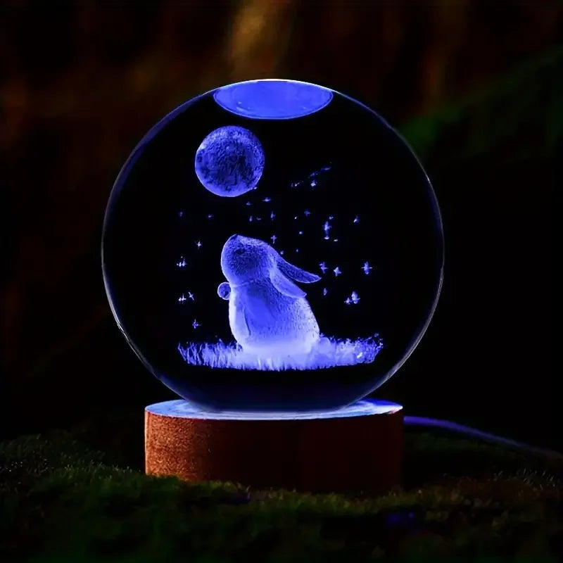 1pc 3D carved rabbit Moon crystal ball, wooden base, birthday, Valentine's Day, Mother's Day, home and office decoration