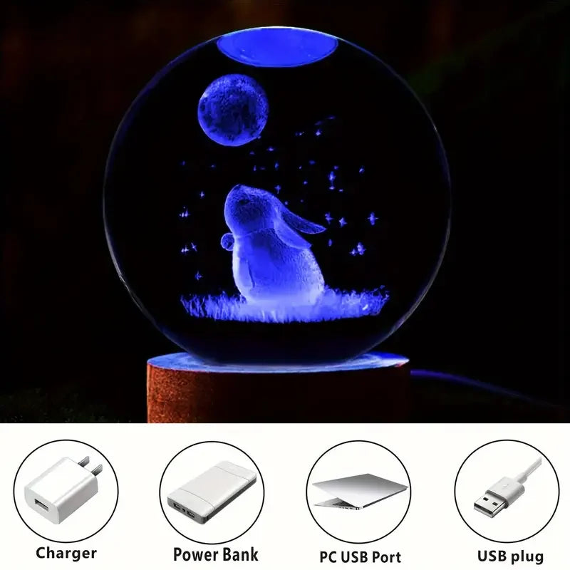 1pc 3D carved rabbit Moon crystal ball, wooden base, birthday, Valentine's Day, Mother's Day, home and office decoration